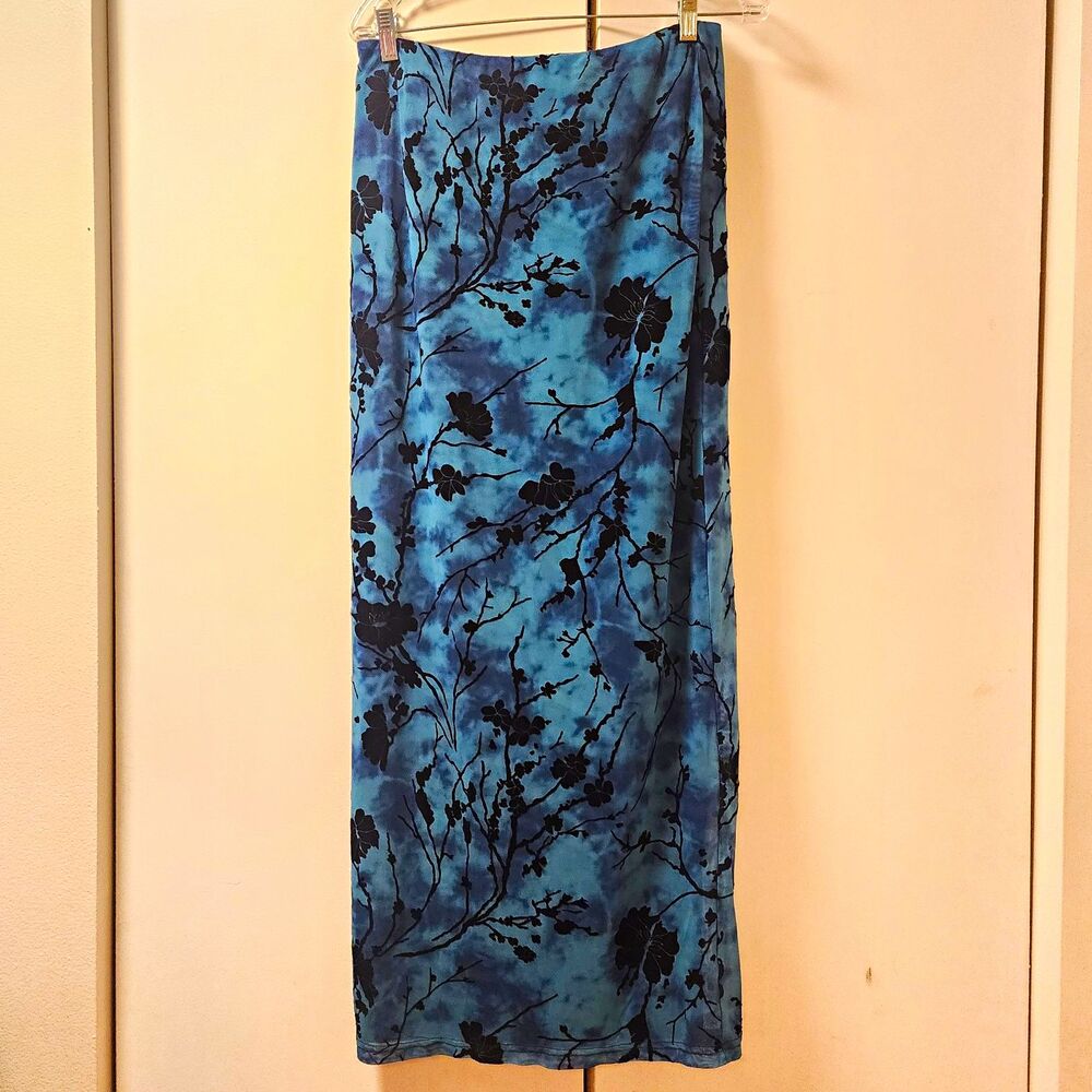 Fashion Nova Blue Black Floral Maxi Column Skirt Velcet Burnout Slit Whimsigoth